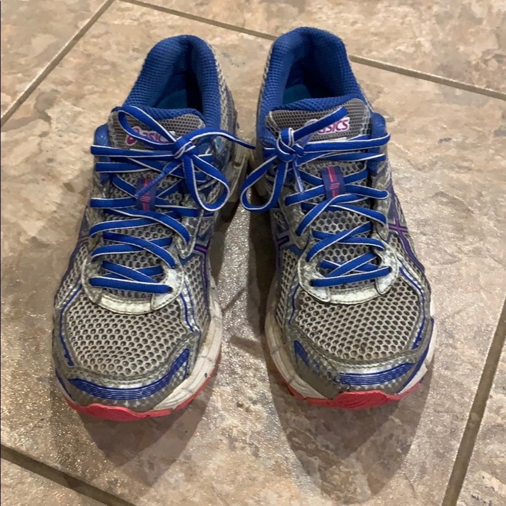 ASICS gray, navy, and pink tennis shoes